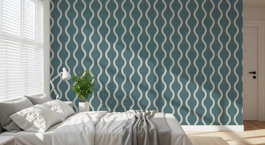 Cozy Scandi Folk Wavy Stripe Nordic Blue Grey - Craft Stripe Wallpaper⁠