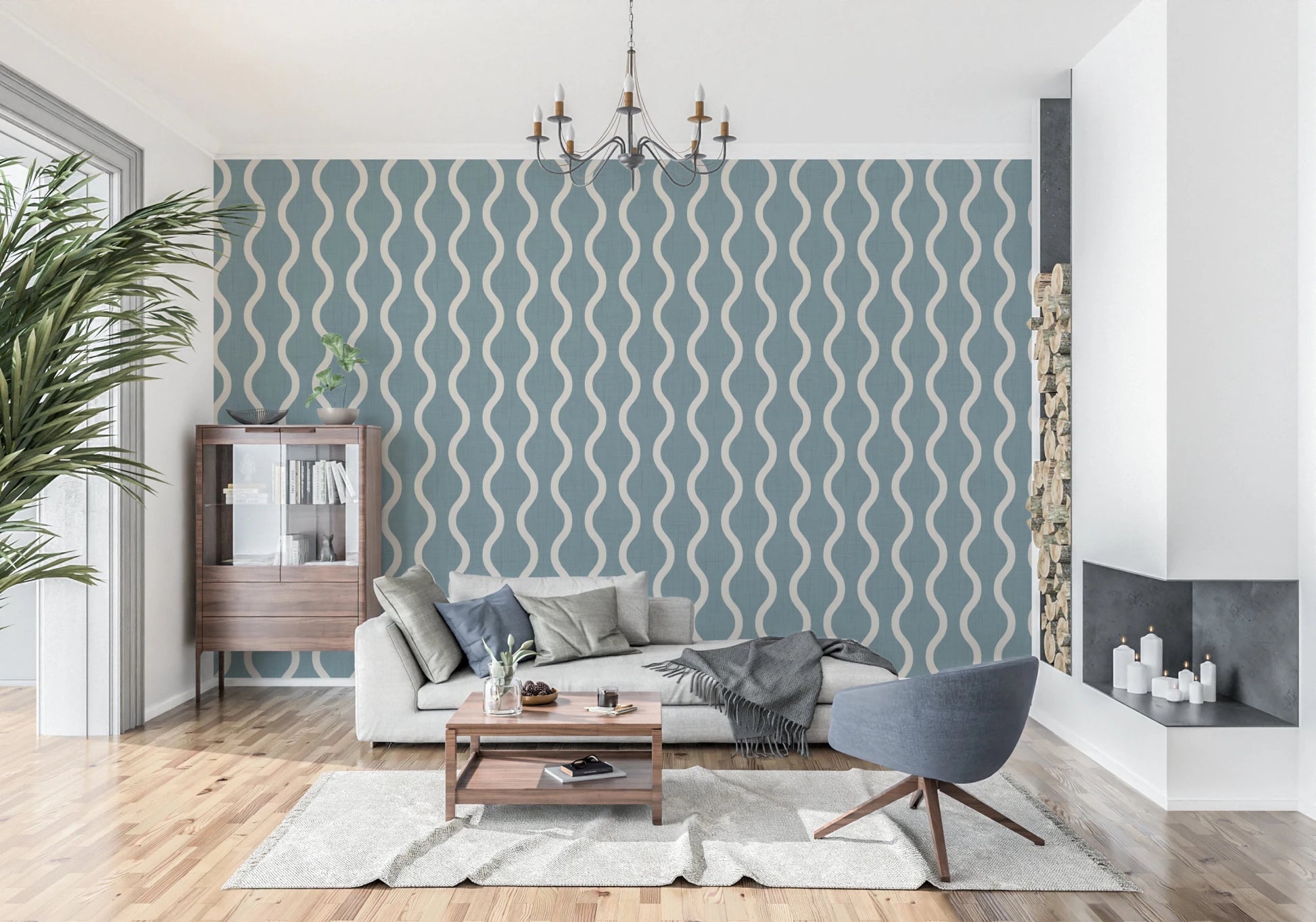 Cozy Scandi Folk Wavy Stripe Nordic Blue Grey - Craft Stripe Wallpaper⁠