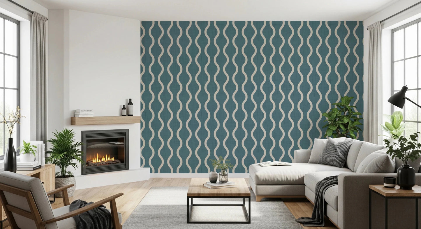 Cozy Scandi Folk Wavy Stripe Nordic Blue Grey - Craft Stripe Wallpaper⁠