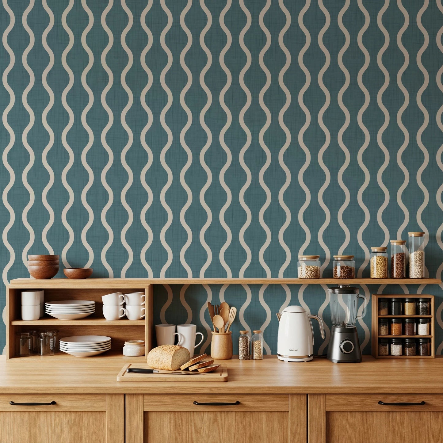 Cozy Scandi Folk Wavy Stripe Nordic Blue Grey - Craft Stripe Wallpaper⁠