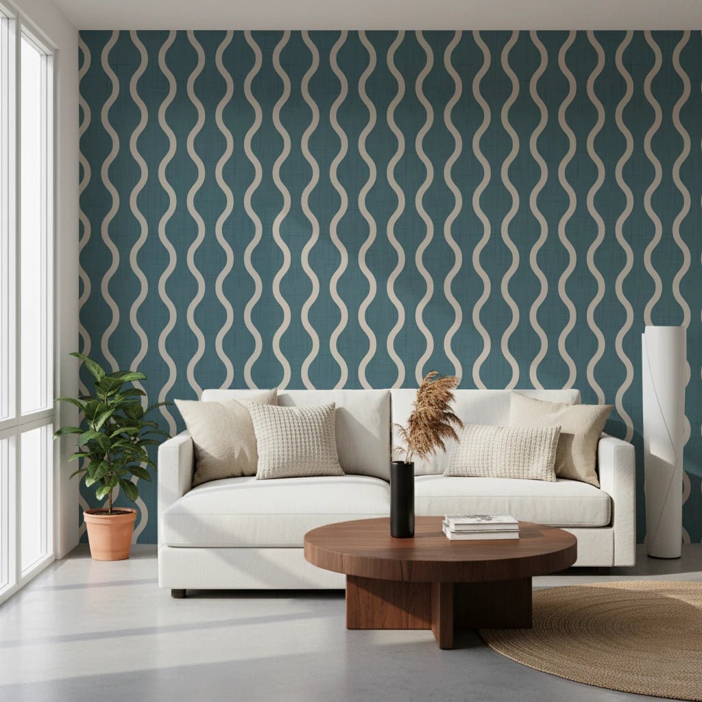 Cozy Scandi Folk Wavy Stripe Nordic Blue Grey - Craft Stripe Wallpaper⁠