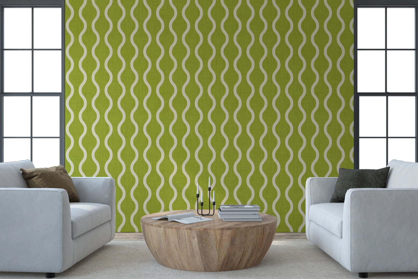 Cozy Scandi Folk Wavy Stripe Olive Chartreuse - Craft Stripe Wallpaper⁠