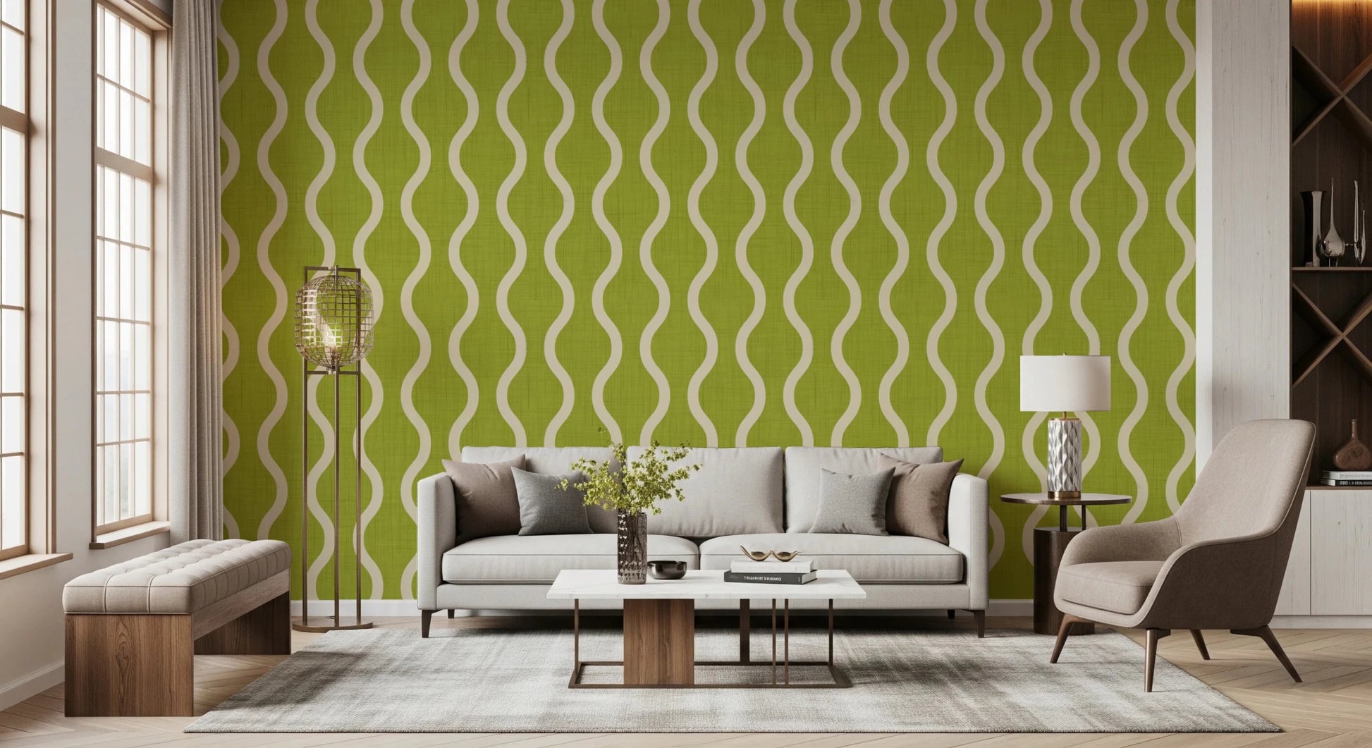 Cozy Scandi Folk Wavy Stripe Olive Chartreuse - Craft Stripe Wallpaper⁠