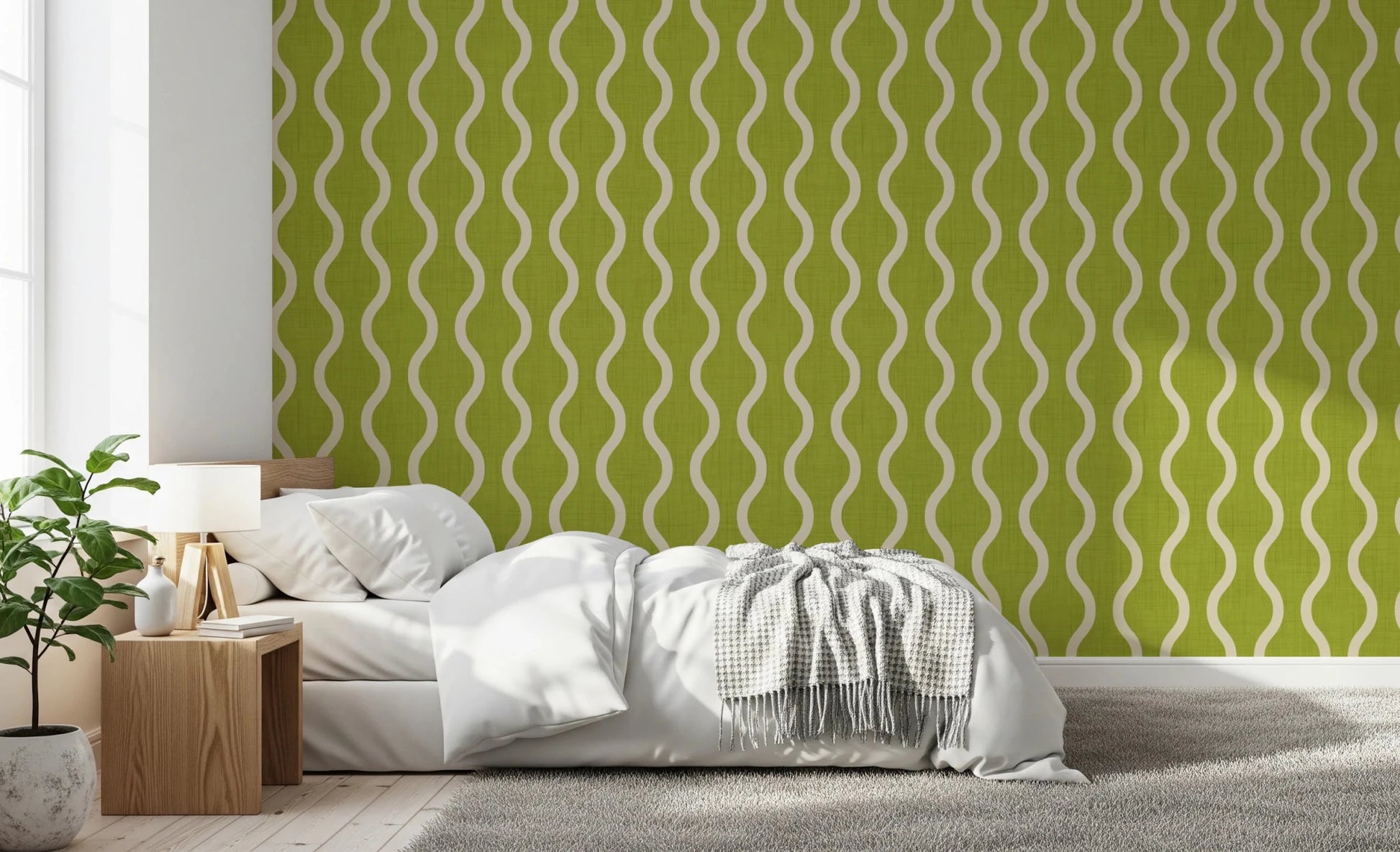 Cozy Scandi Folk Wavy Stripe Olive Chartreuse - Craft Stripe Wallpaper⁠