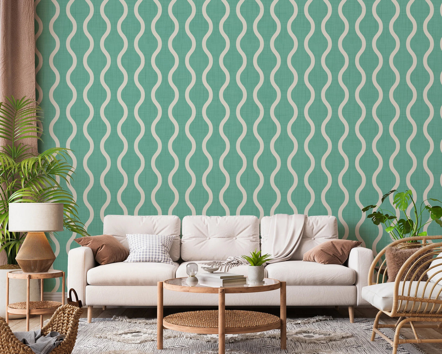 Cozy Scandi Folk Wavy Stripe Sage Mint - Craft Stripe Wallpaper⁠