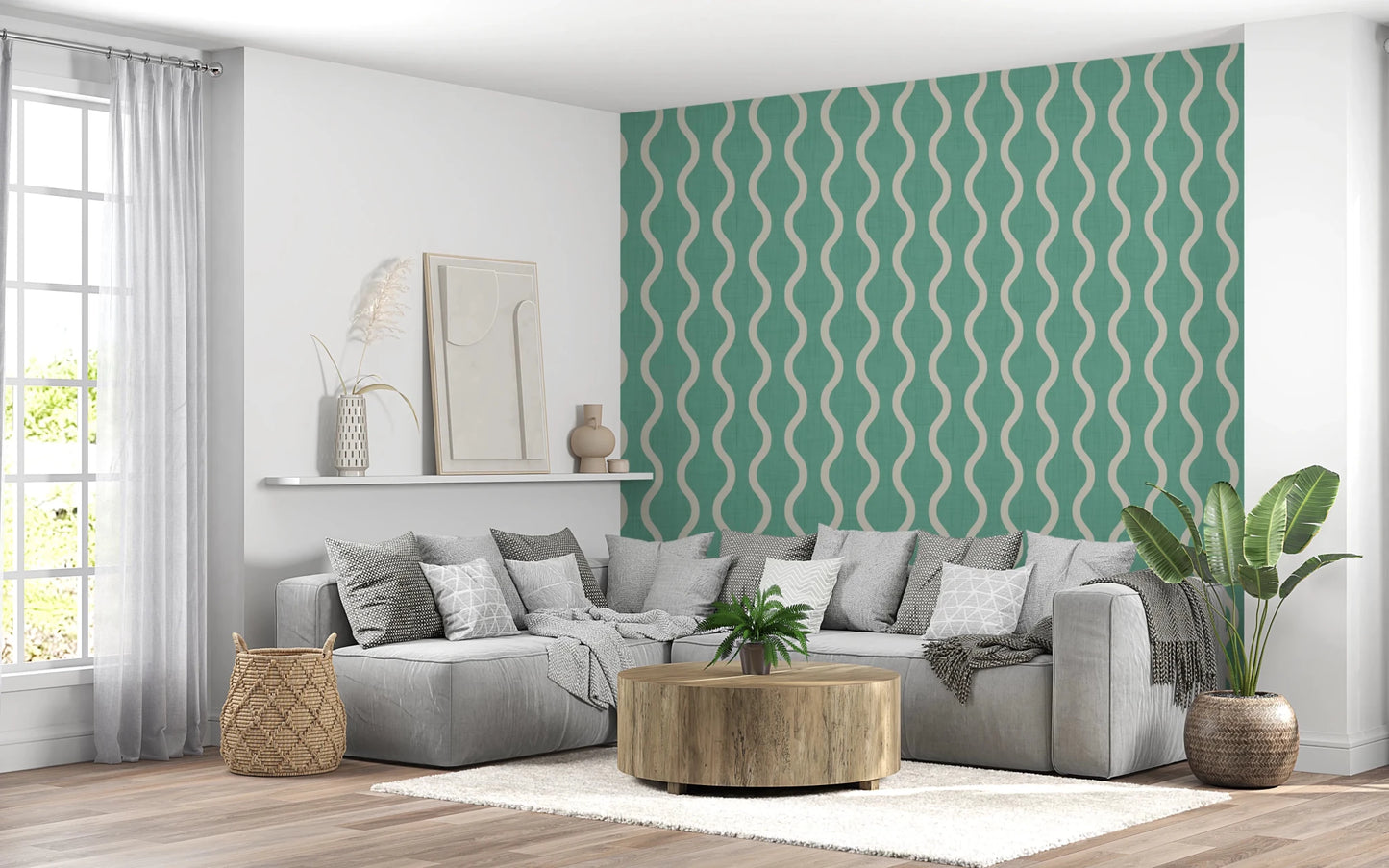 Cozy Scandi Folk Wavy Stripe Sage Mint - Craft Stripe Wallpaper⁠
