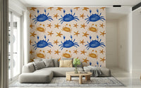 Cute crab and star motif mural perfect for coastal or kids’ spaces.