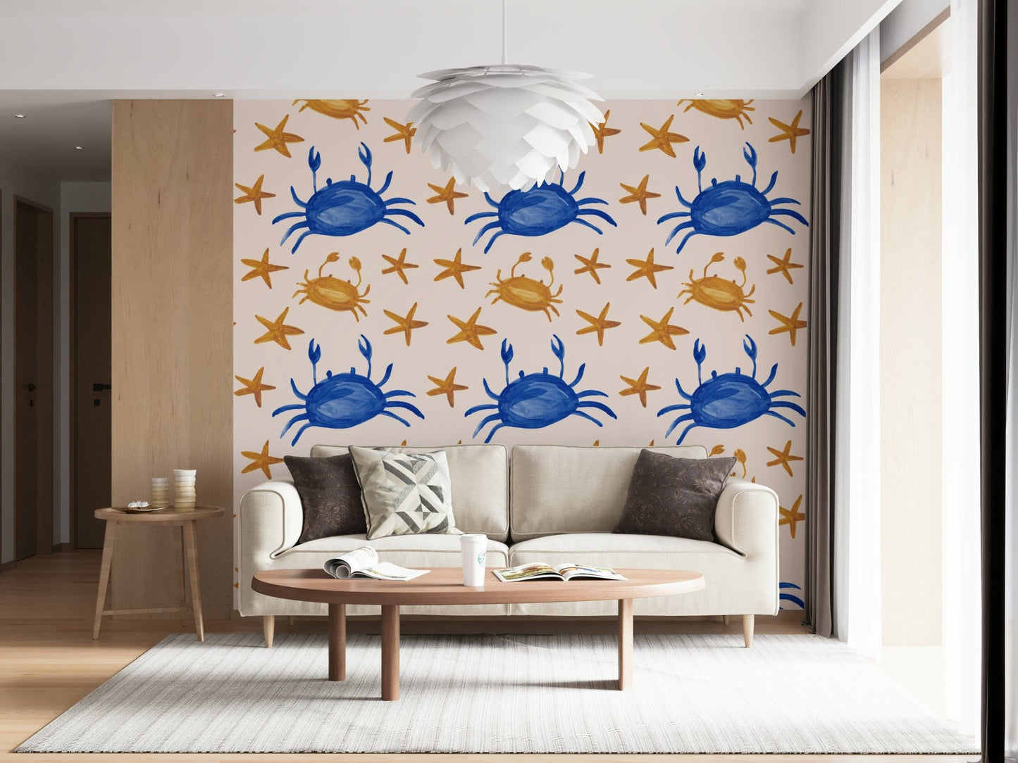 Playful marine creatures and star shapes creating a lively wall design.