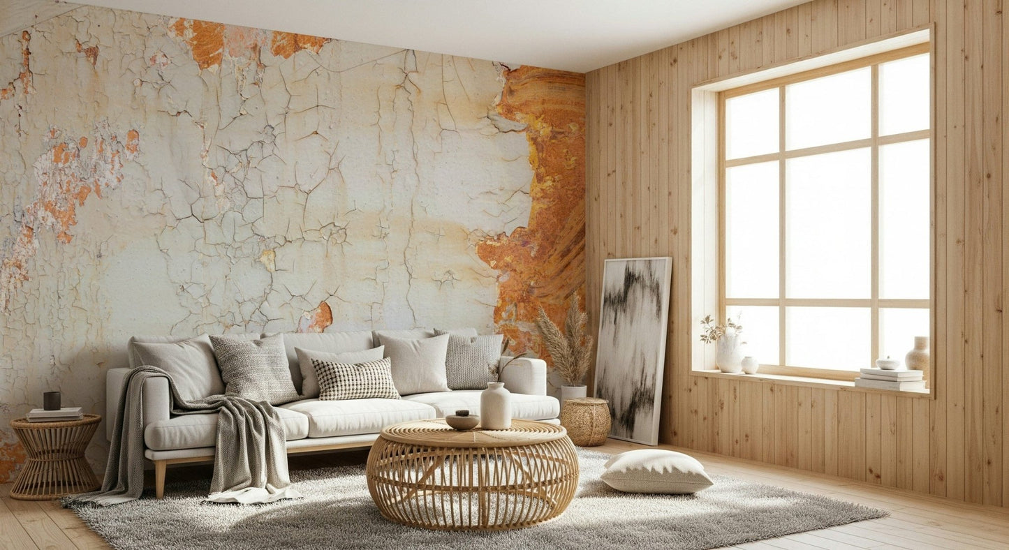 Cracked plaster effect wallpaper mural with subtle color variations for modern rustic interiors.
