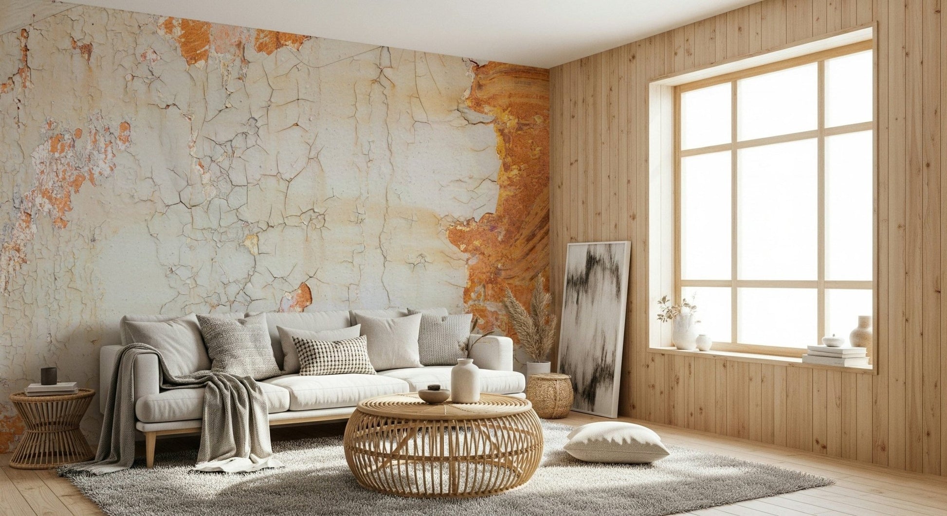 Cracked plaster effect wallpaper mural with subtle color variations for modern rustic interiors.
