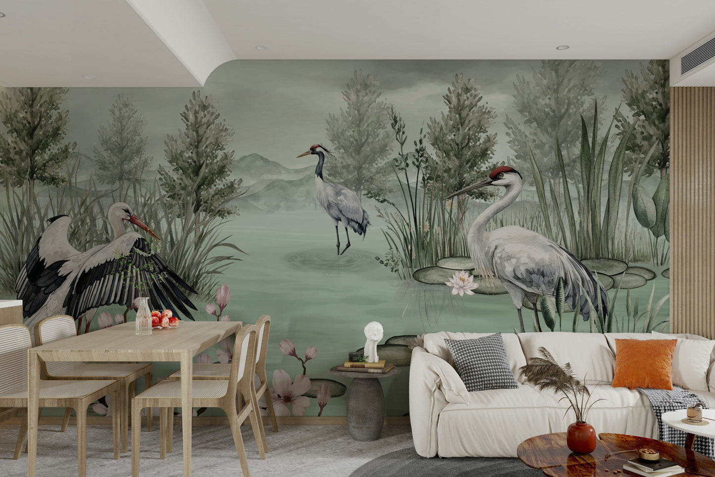 The scene also includes soft blossoms or water plants.

