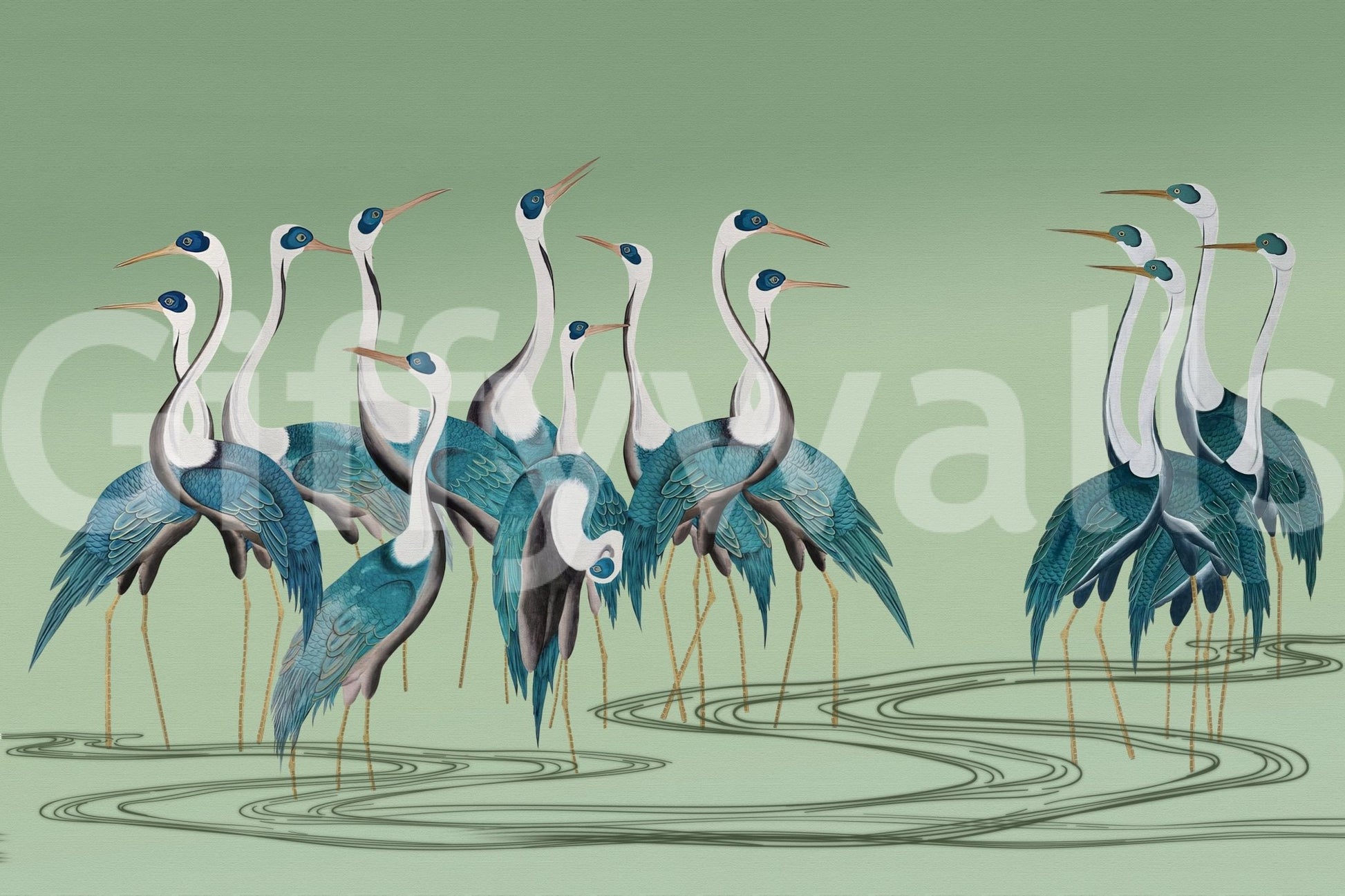 Minimal lounge with crane mural, soft colour accents and depth