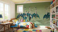 Crane wall mural in home office, clean styling backdrop