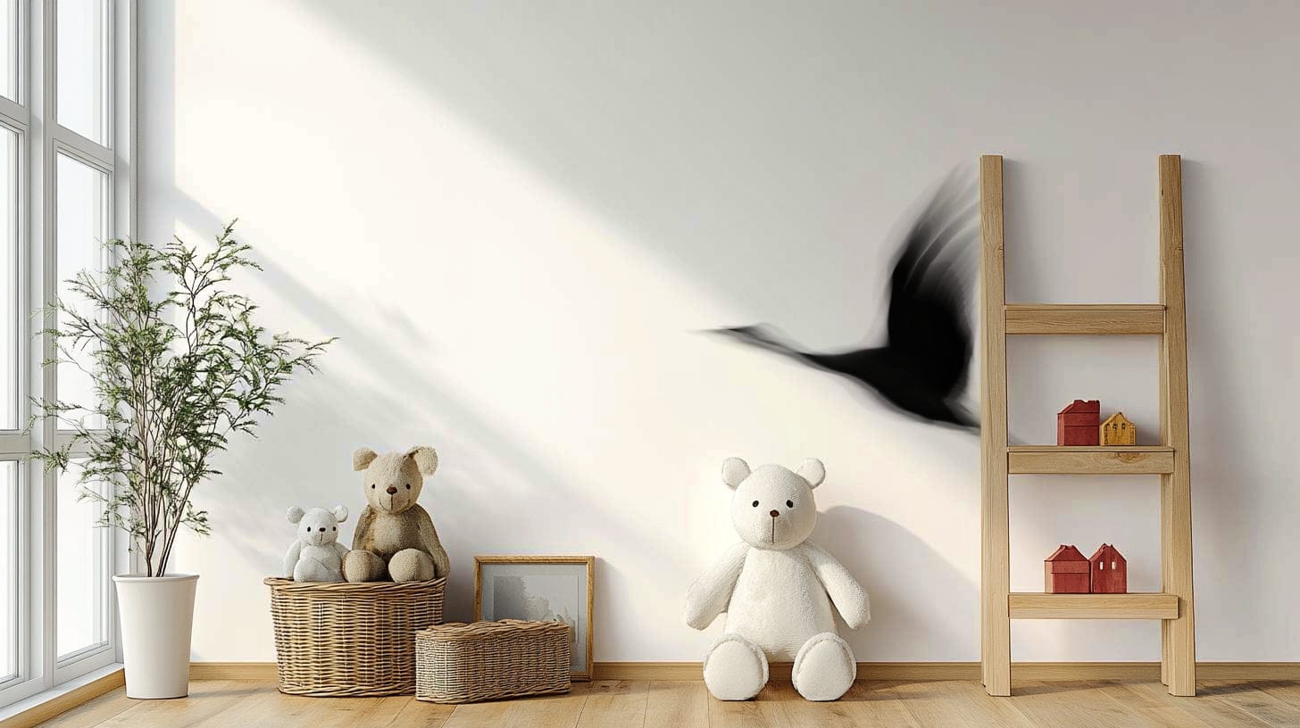 A peaceful Asian-inspired mural on decorative wallpaper.

