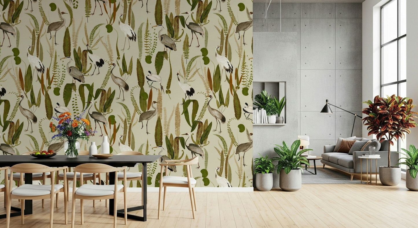 Vintage Garden Birds Wall Mural – Peaceful and elegant mural highlighting cranes and classic botanical elements.