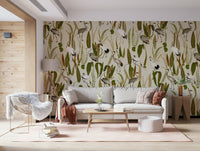 Crane in Bloom Garden Wall Mural – Artistic depiction of cranes surrounded by delicate blossoms in muted vintage tones.