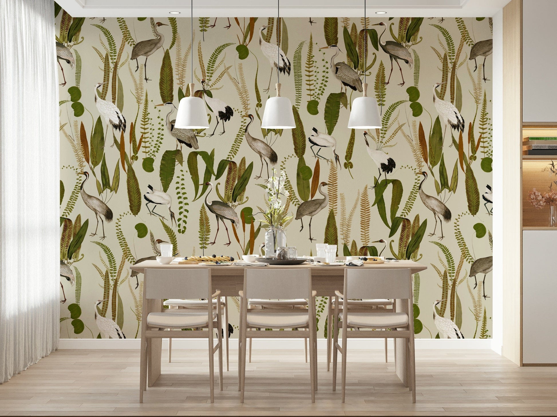Floral and Crane Vintage Wall Mural – Decorative vintage-style mural featuring cranes gracefully interacting with a flowering garden.