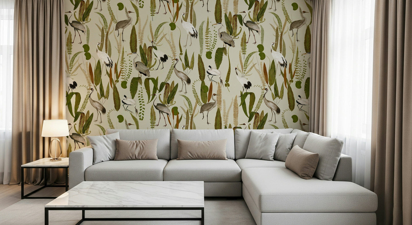 Vintage Botanical Crane Mural – Elegant wallpaper showing cranes with pastel-colored flowers and leafy greenery.