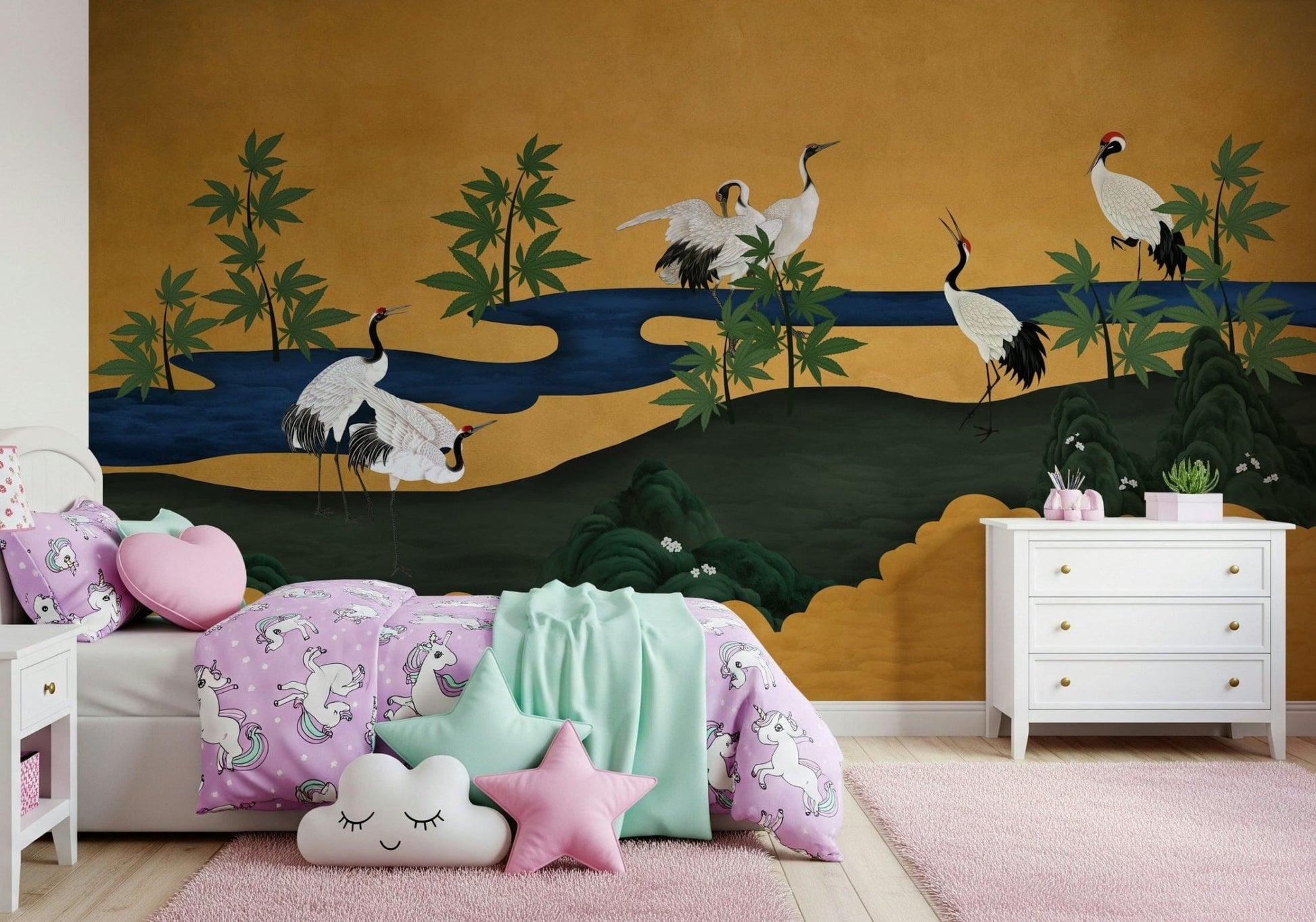Crane mural behind bed, modern bedroom wall decor in calm color