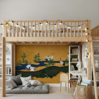 Crane mural in hallway, modern wall decor with calm colors