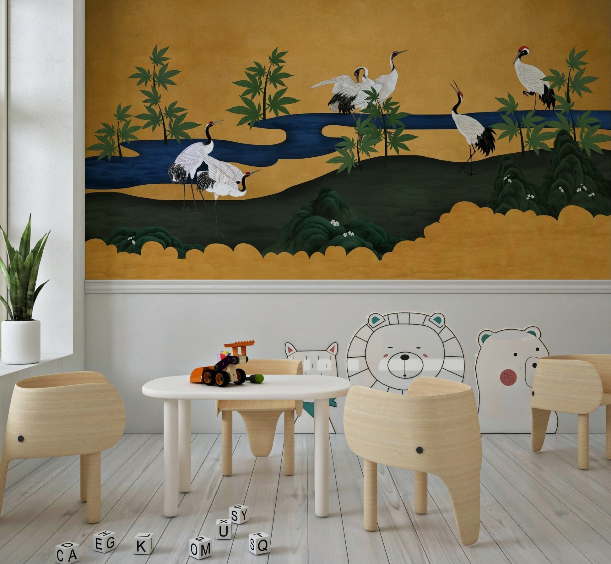 Crane Haven Wall Mural behind sofa, modern wall decor focal