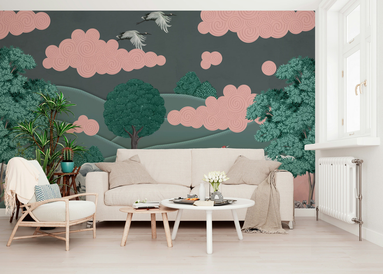 Crane’s Dreamscape Wall Mural in modern living room, soft blue and cream crane art feature wall