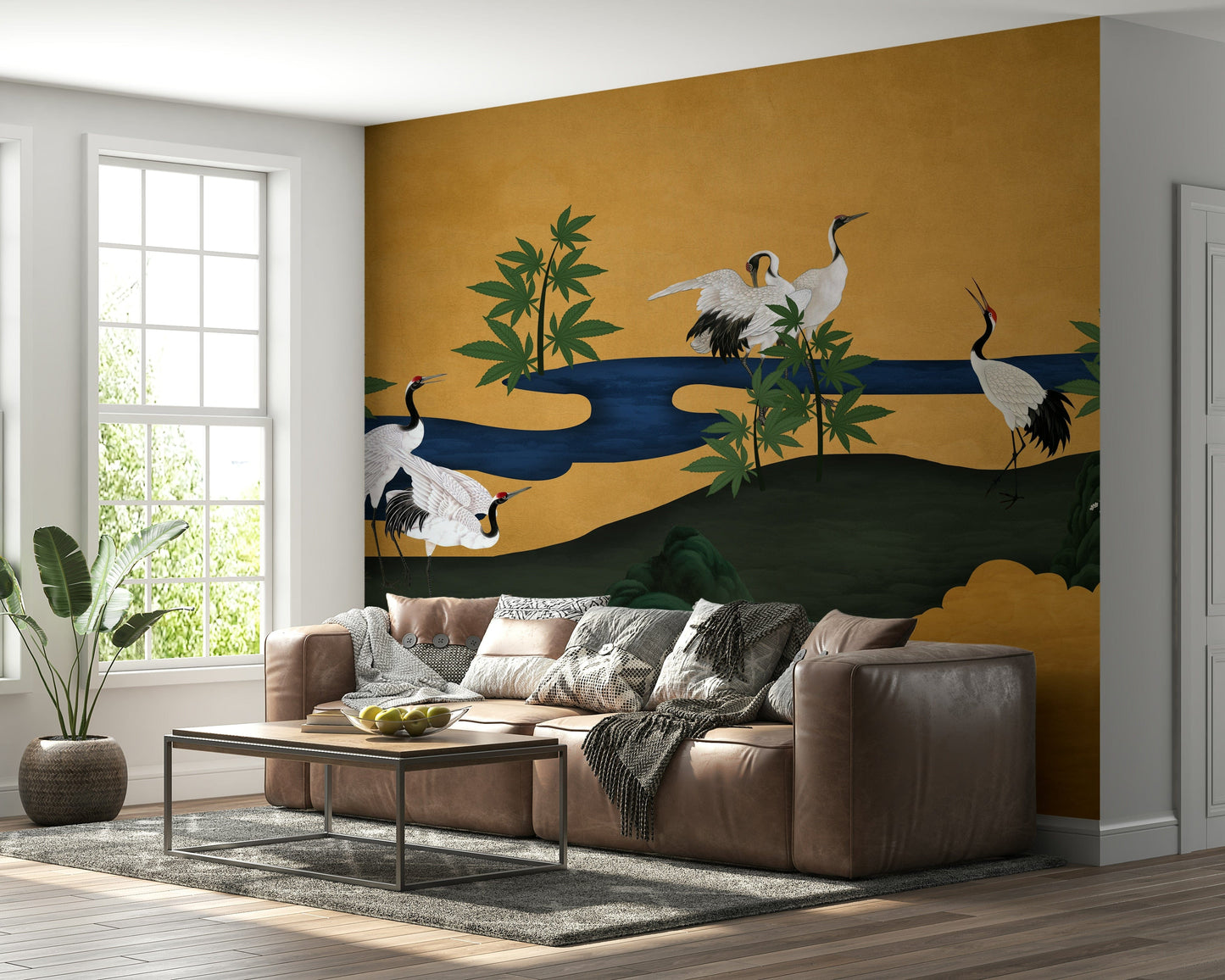 Crane birds mural in entryway, modern wall decor focal wall
