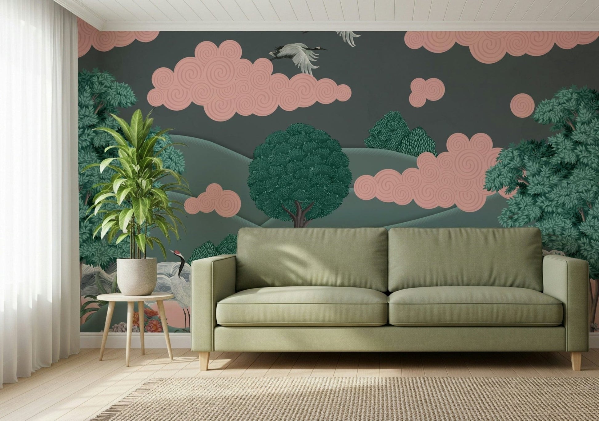 Crane and misty landscape mural for bedroom, calming blue tones, statement headboard wall