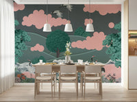 Crane mural behind desk, modern office decor, quiet blue and white palette