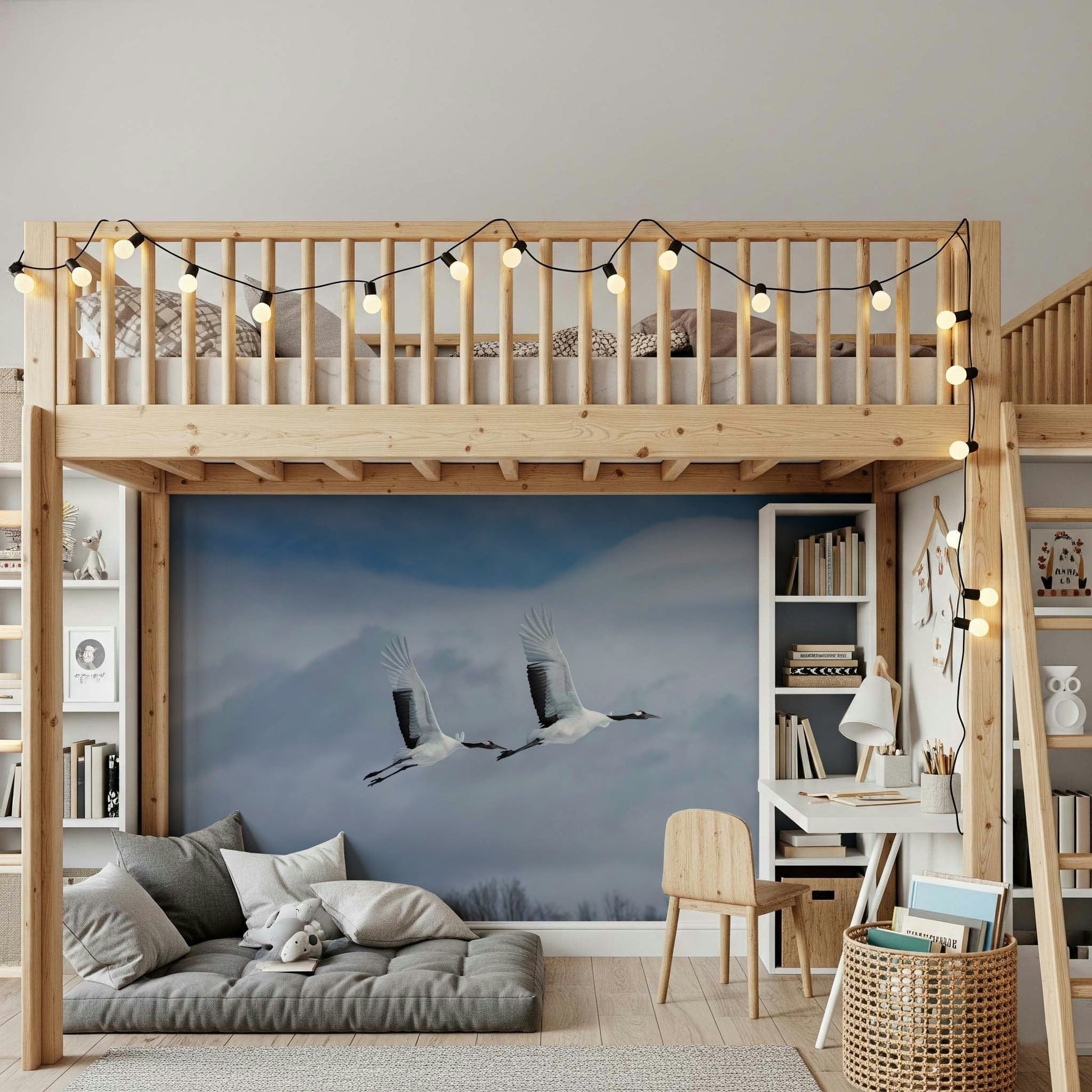 Nursery wall mural with gentle crane flight scene, muted colors, calm room styling