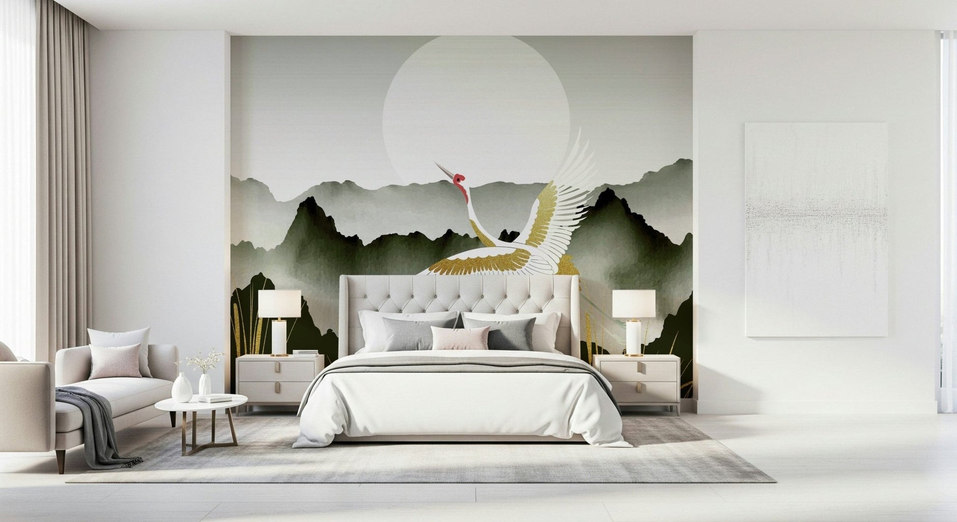 Home office feature wall with crane mural, warm gold color, clean modern style