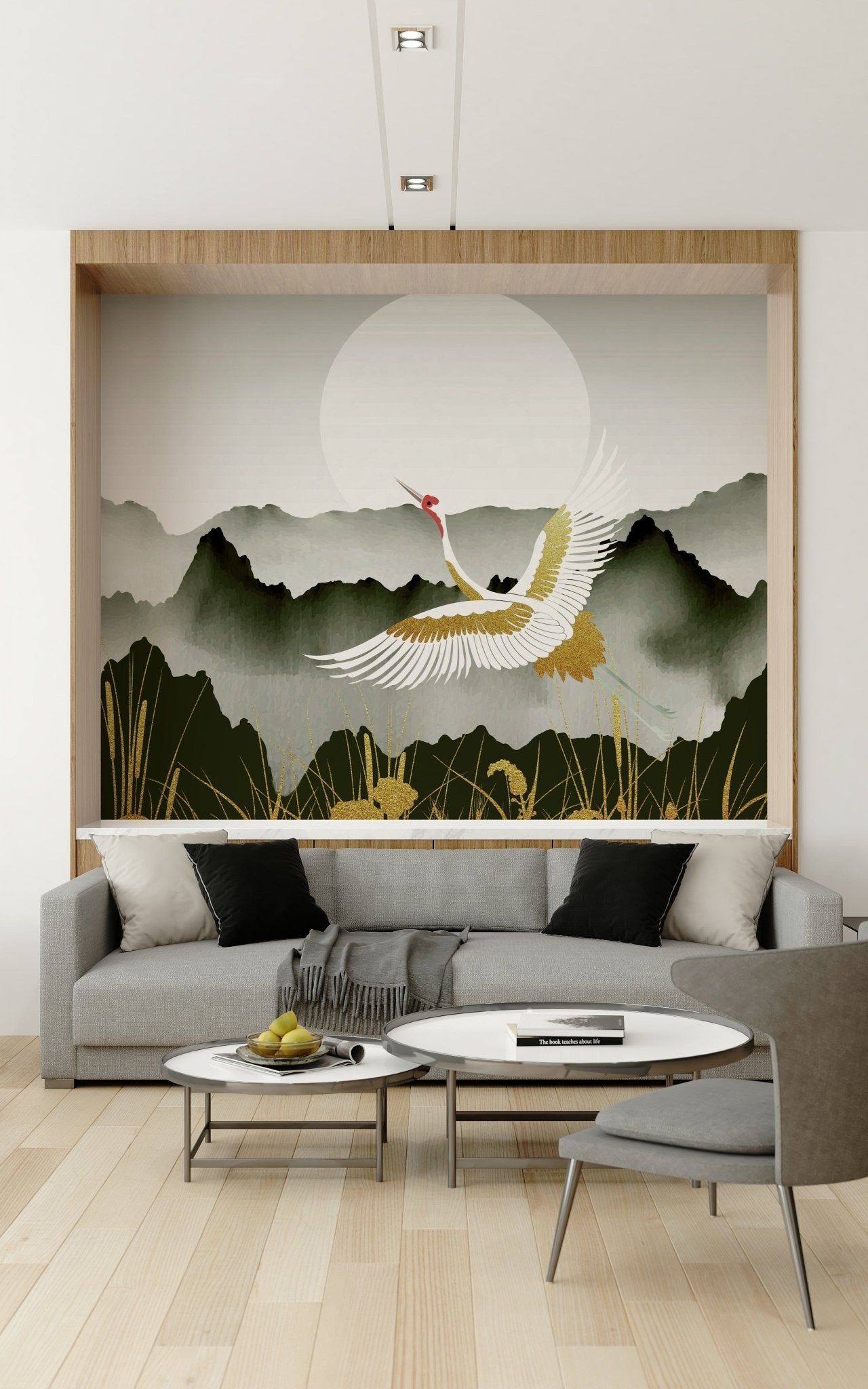 Minimal dining room with crane mural, sunrise gold accents, modern wall decor