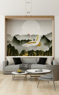 Minimal dining room with crane mural, sunrise gold accents, modern wall decor
