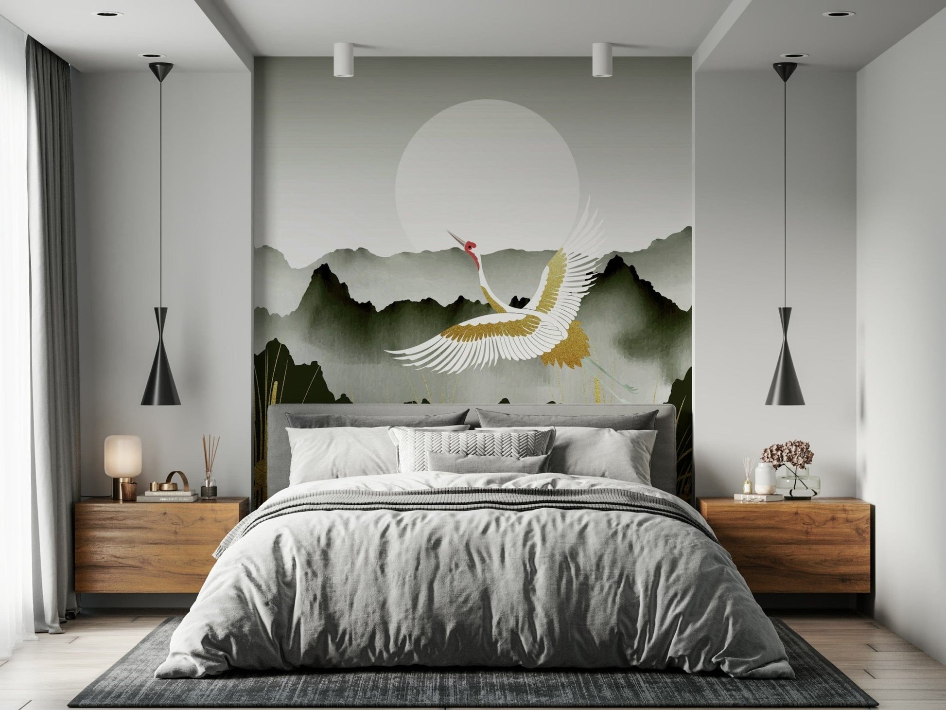 Crane wall mural with golden dawn tones in modern living room wall decor