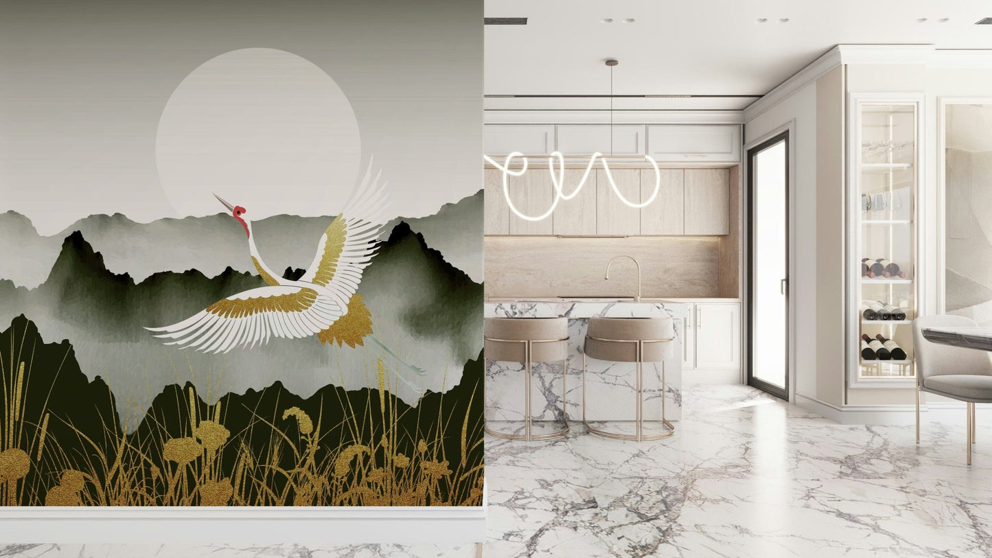 Crane mural in entryway, warm sunrise gold backdrop, modern apartment décor