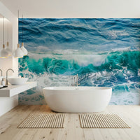 Wall covering Crashing Teal wall mural vibrant seaside scene