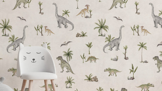 Cream Beige Dinosaur wallpaper close-up behind a white cat-ear chair showing grey sauropods and palms