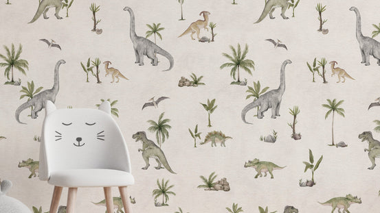 Cream Beige Dinosaur wallpaper close-up behind a white cat-ear chair showing grey sauropods and palms