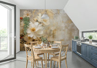 A graceful subtle bloom wall mural in soft, ivory tones.

