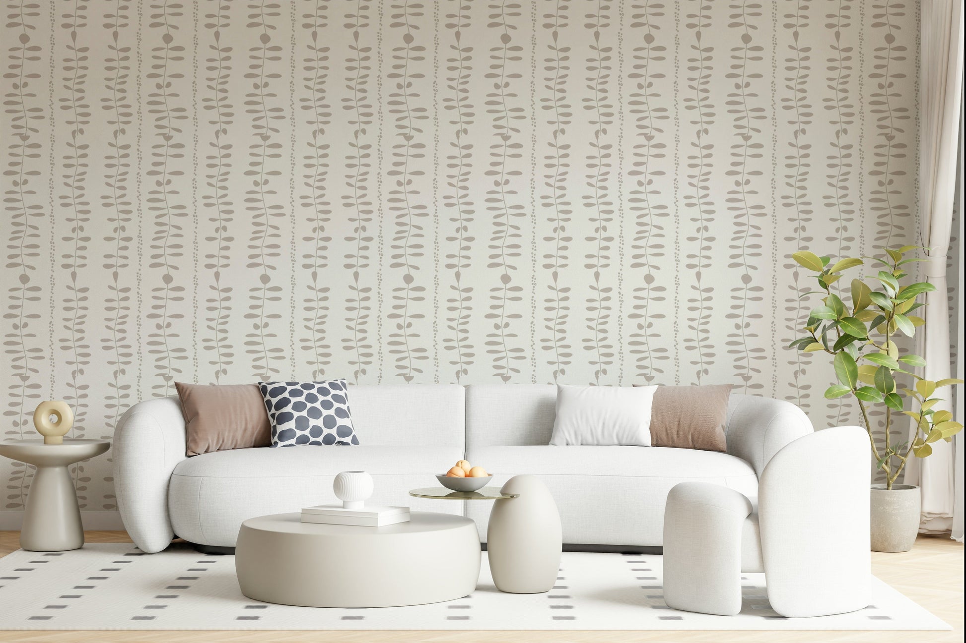 Bohemian aesthetic leaf branch wall mural cream hues.