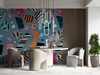 An artistic geometric design mural on minimalist wallpaper.

