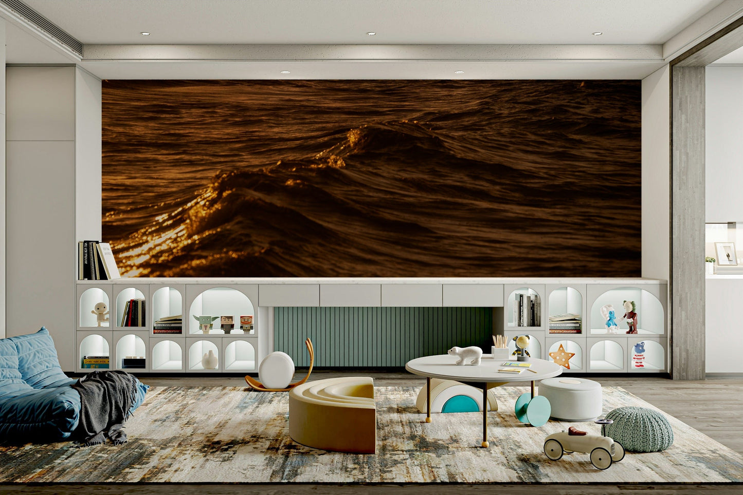 A high-angle view of the wall mural in a large space.

