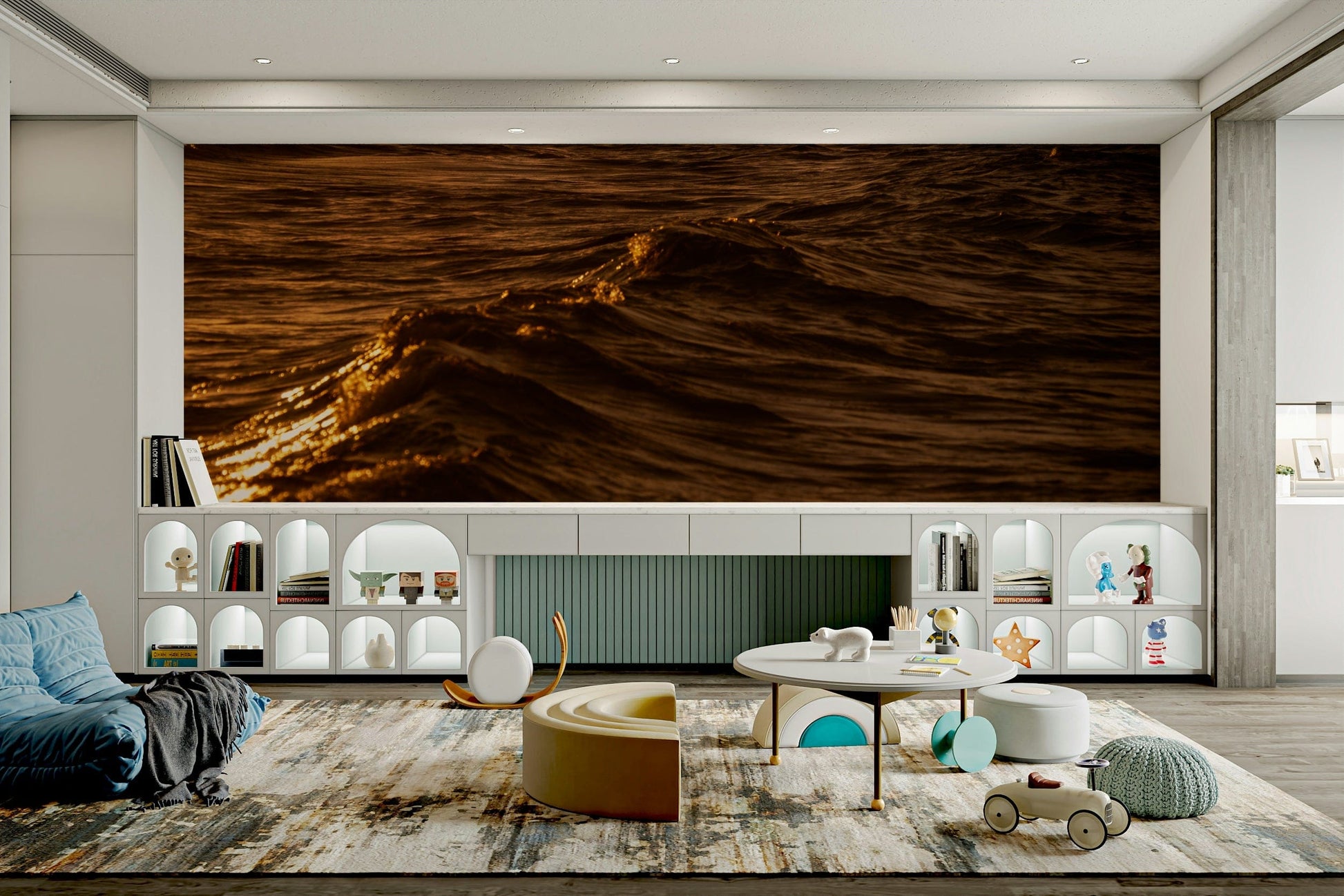 A high-angle view of the wall mural in a large space.

