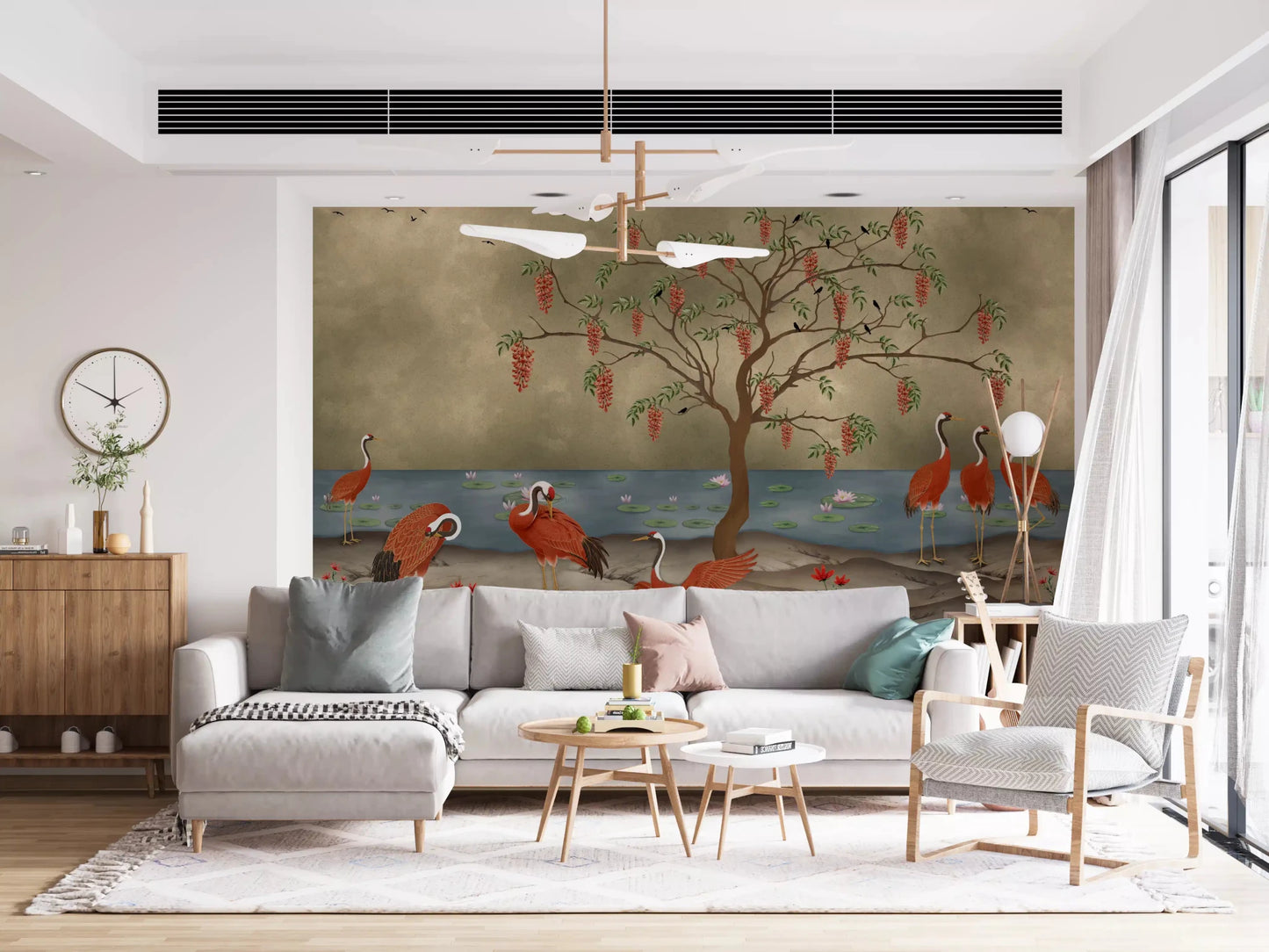Crimson Cranes by Lotus Lake Wall Mural