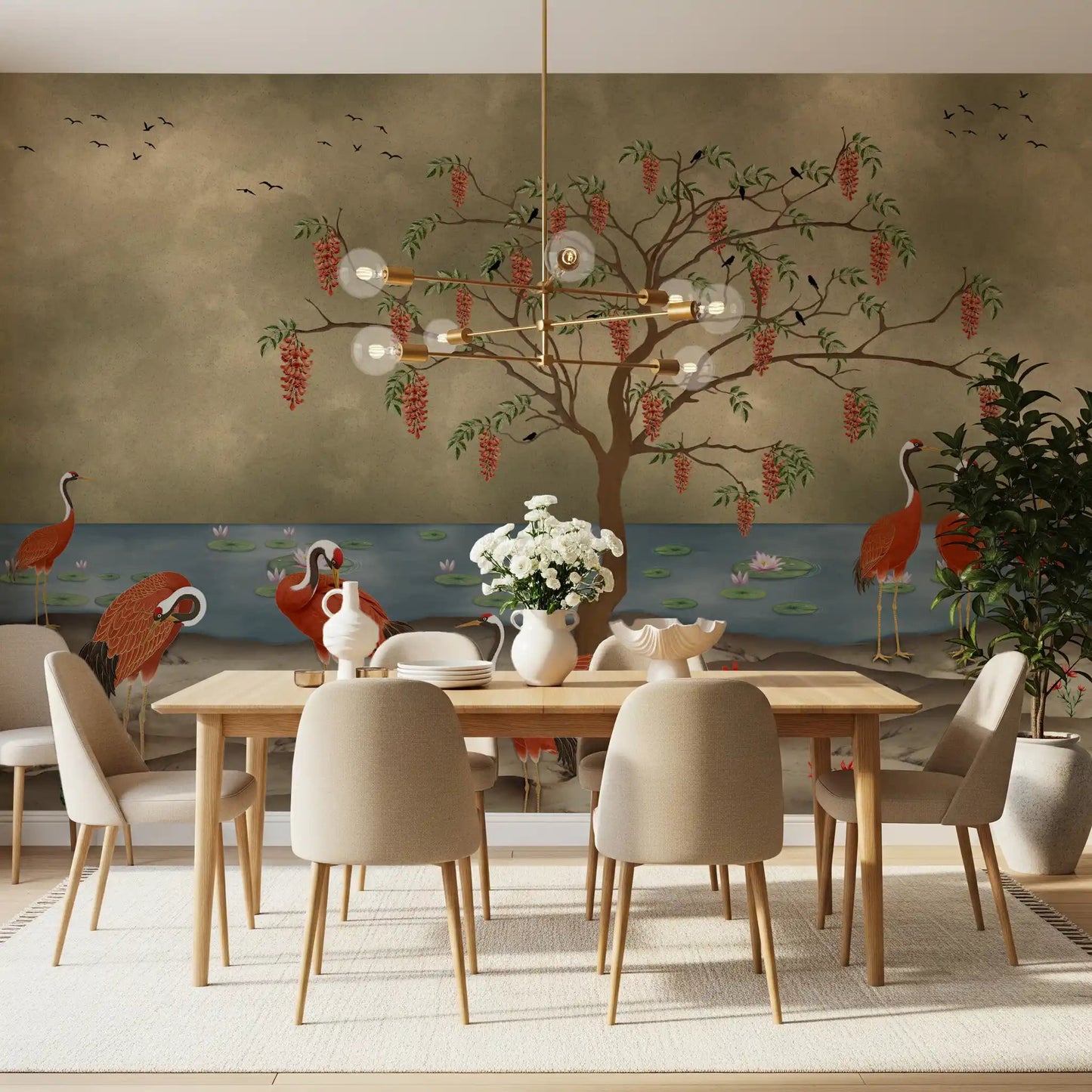 Crimson Cranes by Lotus Lake Wall Mural