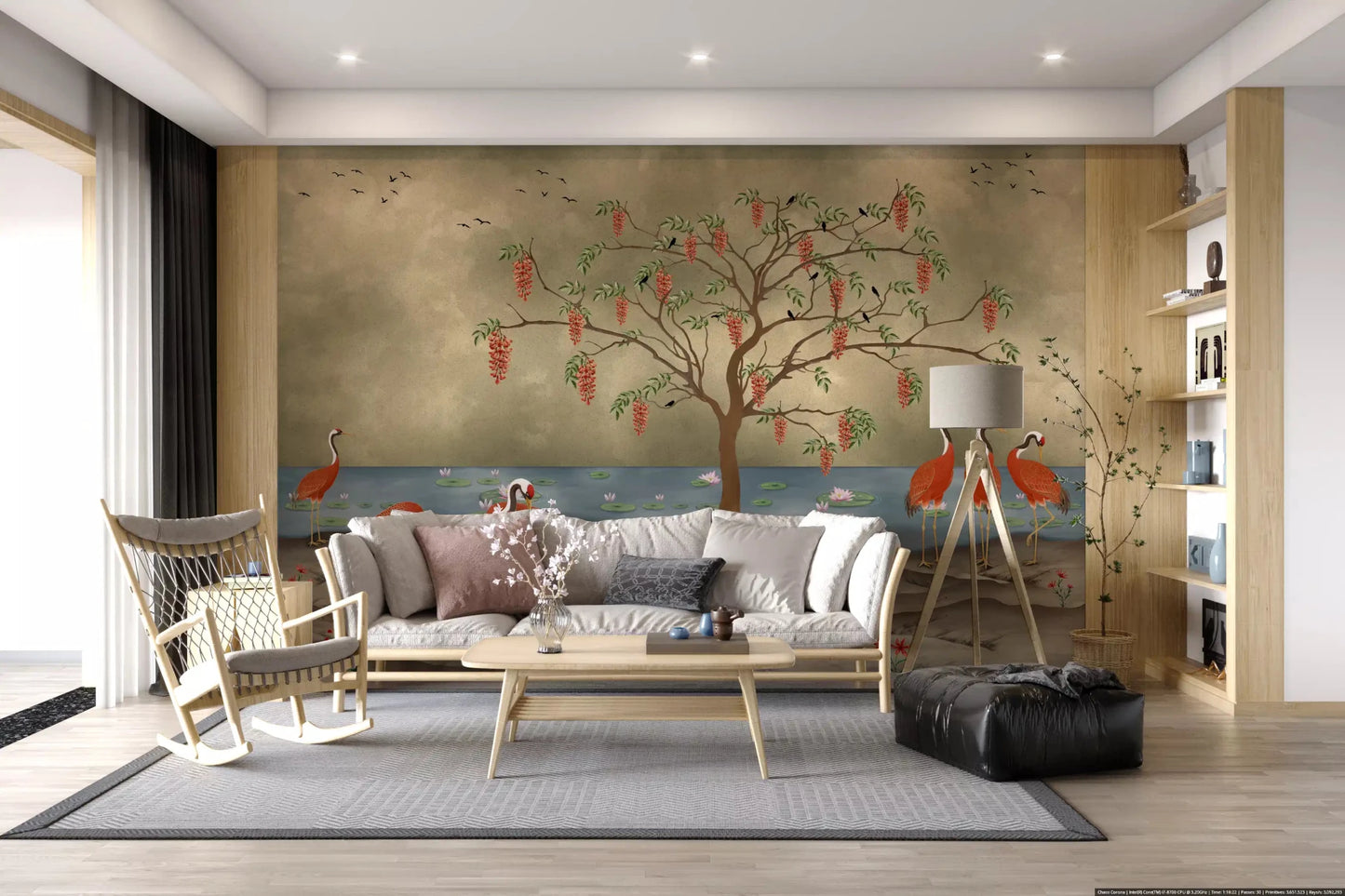 Crimson Cranes by Lotus Lake Wall Mural