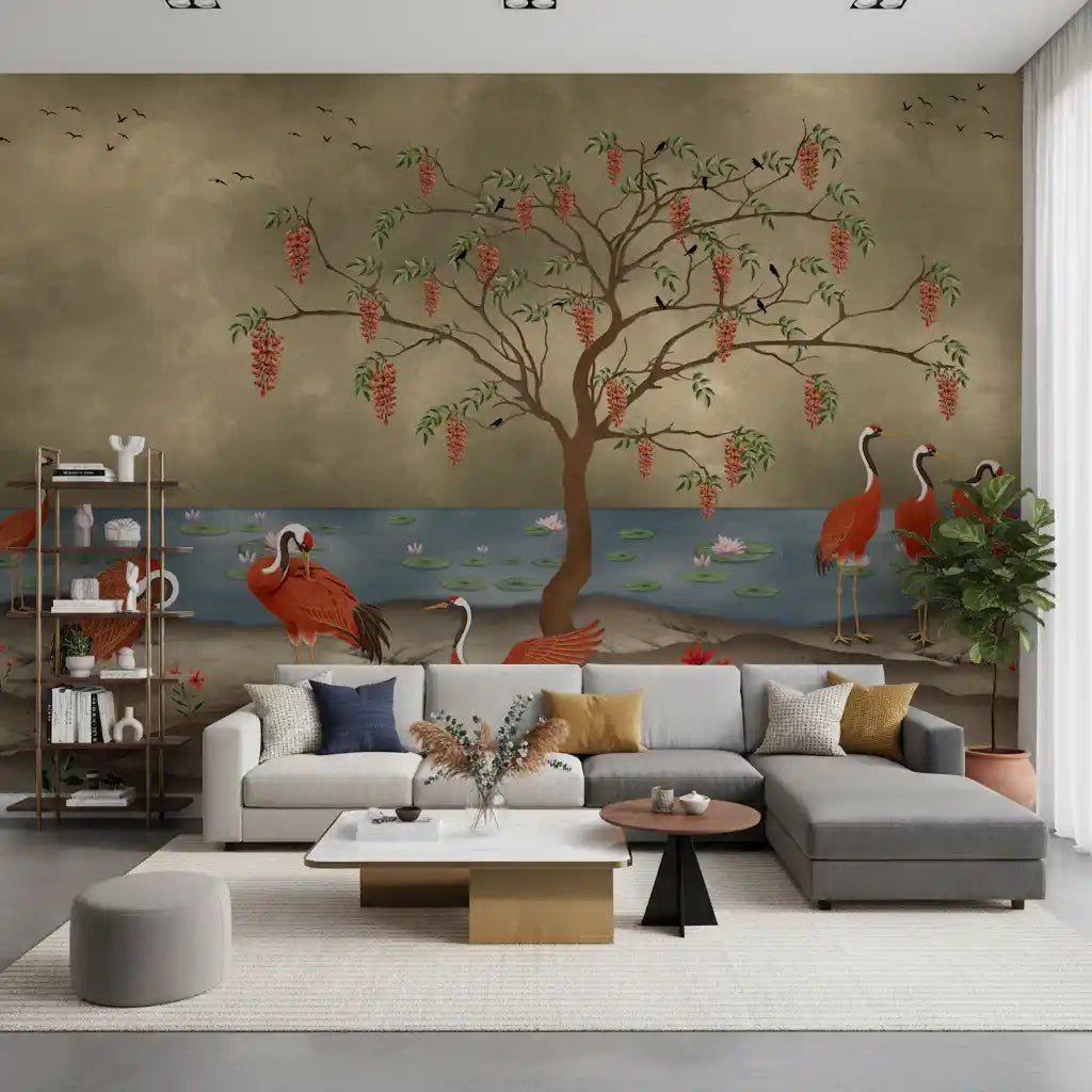 Crimson Cranes by Lotus Lake Wall Mural