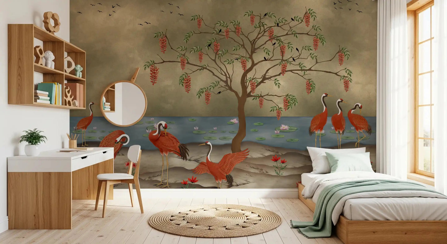 Crimson Cranes by Lotus Lake Wall Mural