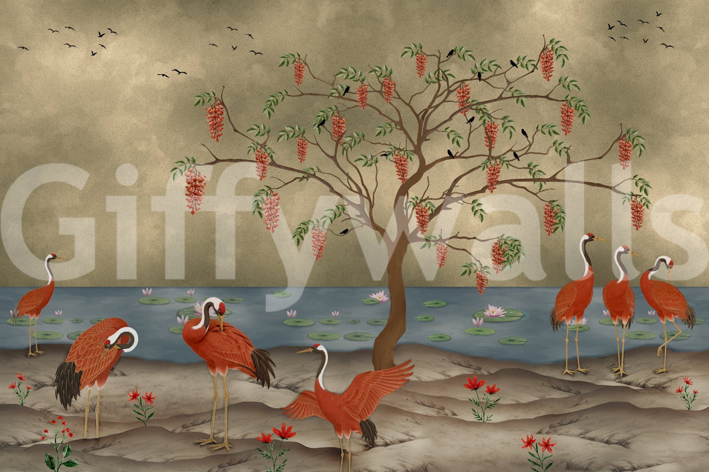 Crimson Cranes by Lotus Lake Wall Mural