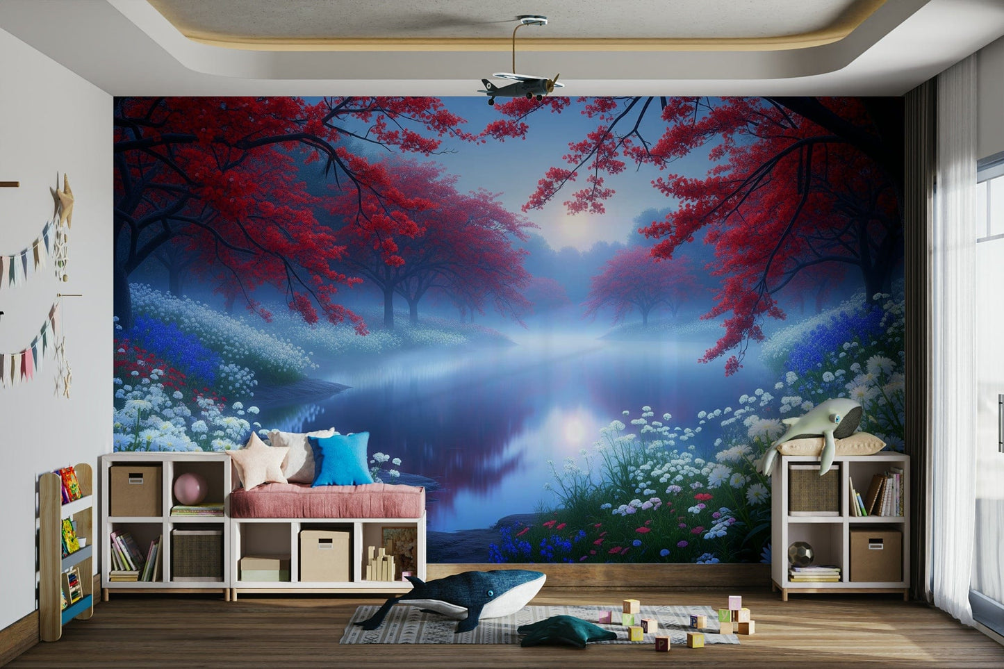 The design features a quiet lake surrounded by trees or a landscape.

